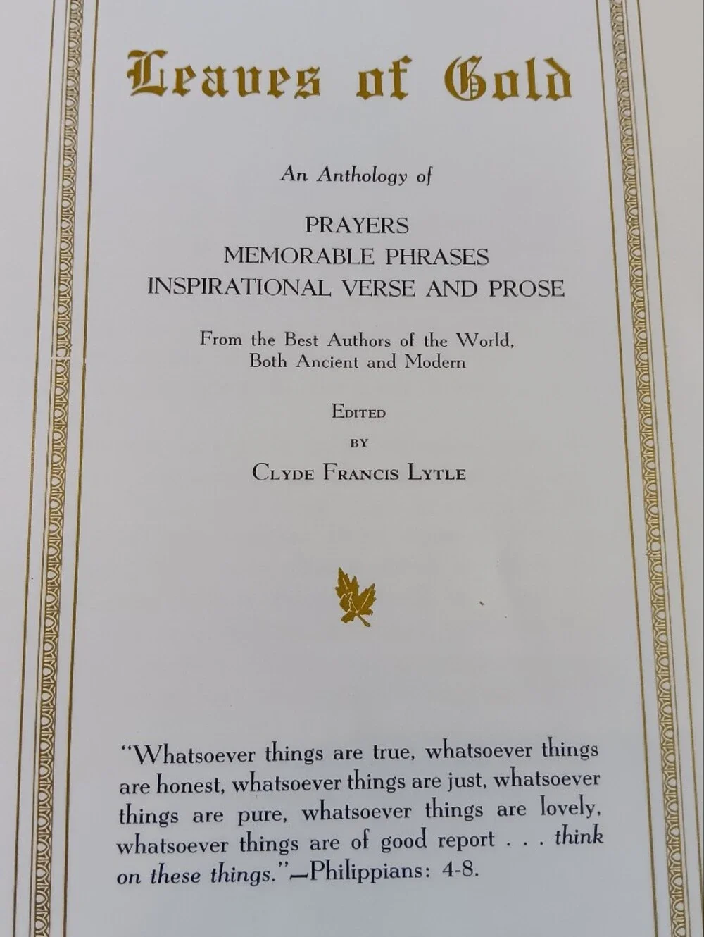 1948 Leaves of Gold, Brown Anthology Of Prayers Verse & Prose Spiritual Guidance
